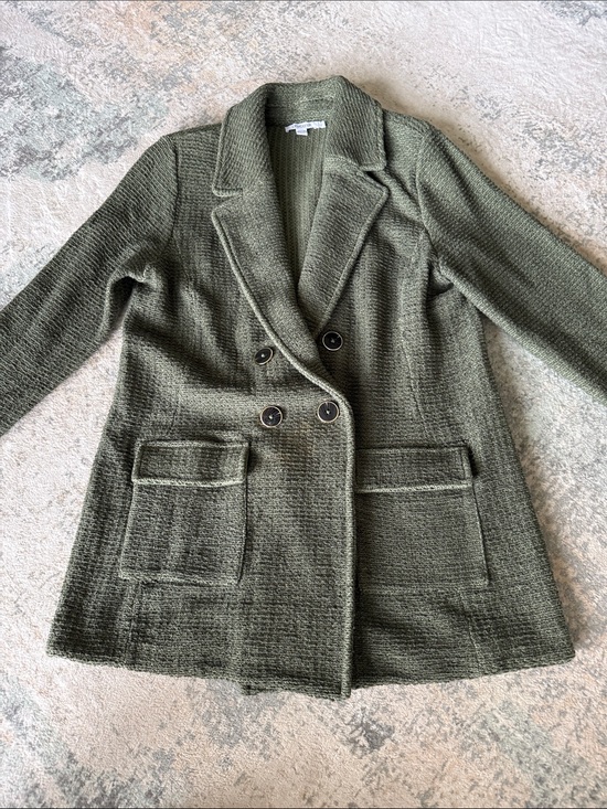 Chico's Jackets & Blazers - Chico's Olive Green Pocketed Double-Breasted Knit Blazer, Size 1/M
